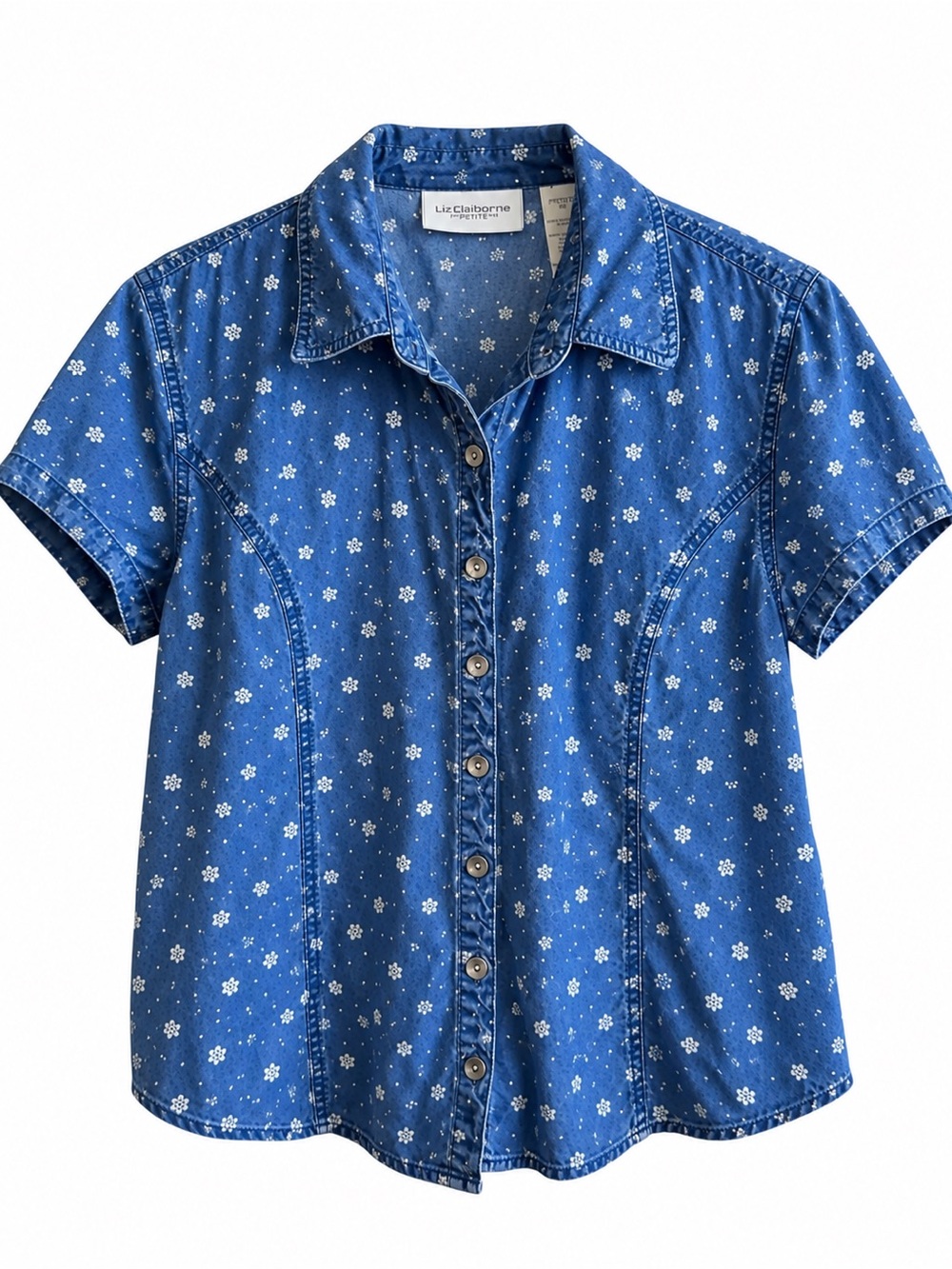 Liz Claiborne Lizwear Jeans Petite Blue Floral Tencel Chambray Shirt Size M Peti